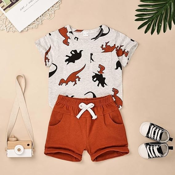 Baby Boy Clothes Toddler Boy Clothes Summer Outfits Dinosaur T-Shirt Pocket Short Pants Set 12 Month