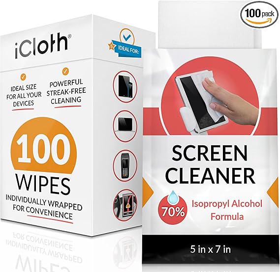 iCloth 70% Isopropyl Alcohol Large Screen and Electronics Wipes, Lint-Free, Streak-Free, Fast-Drying