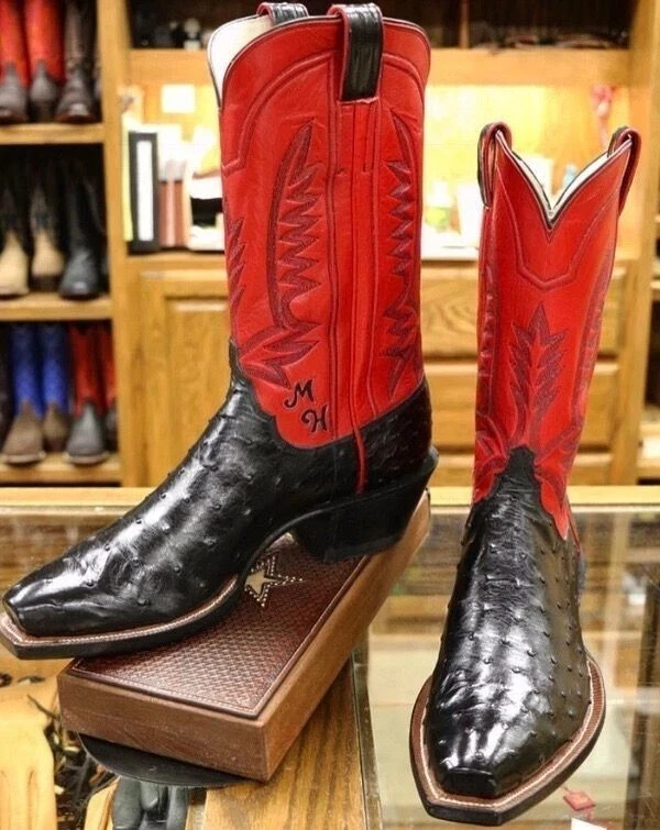 Handmade Men's Black Ostrich, Red Leather Western High Ankle Formal Cowboy Boots