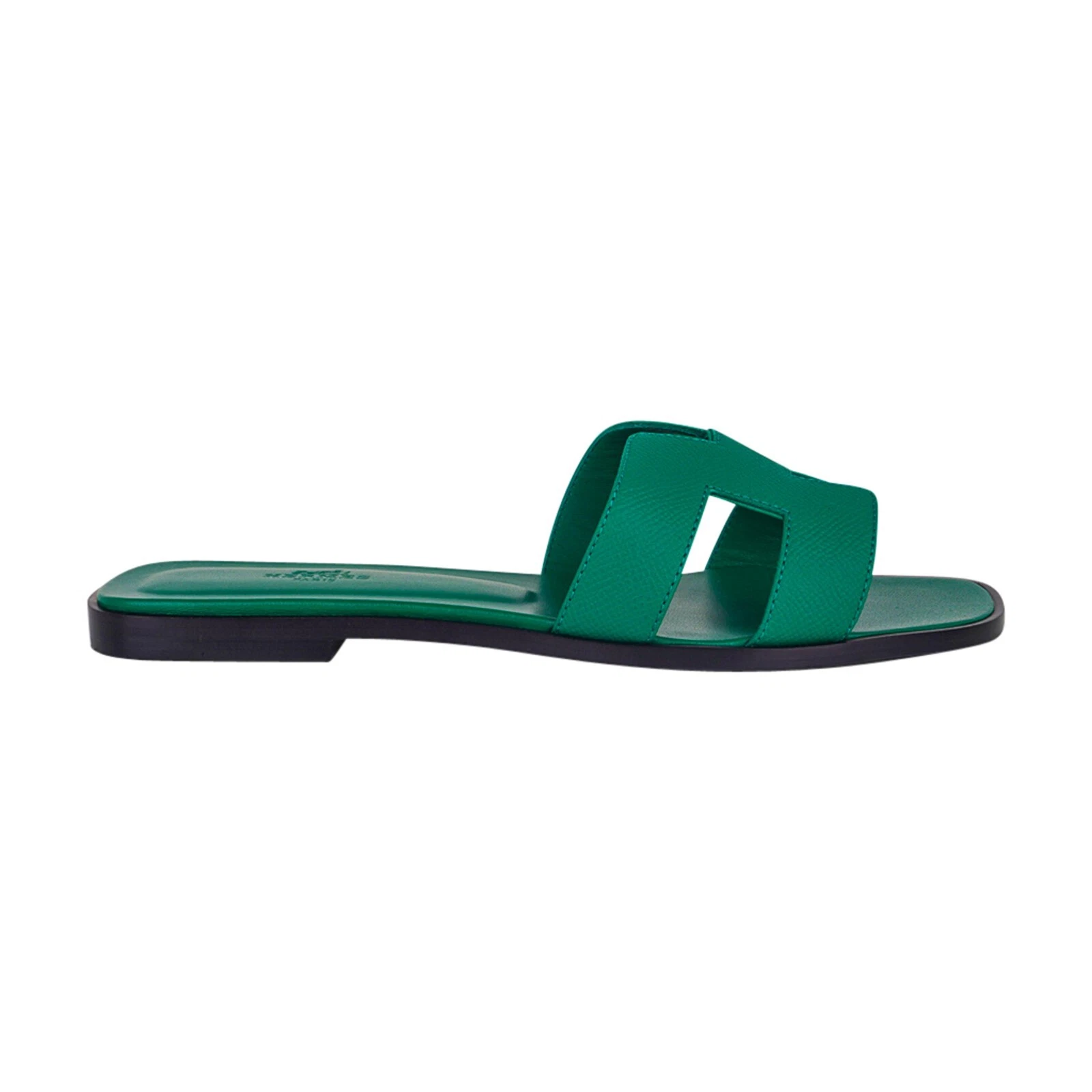 Hermes Emerald Oran Sandal Epsom Leather Flat Shoes 37 / 7 New w/ Box
