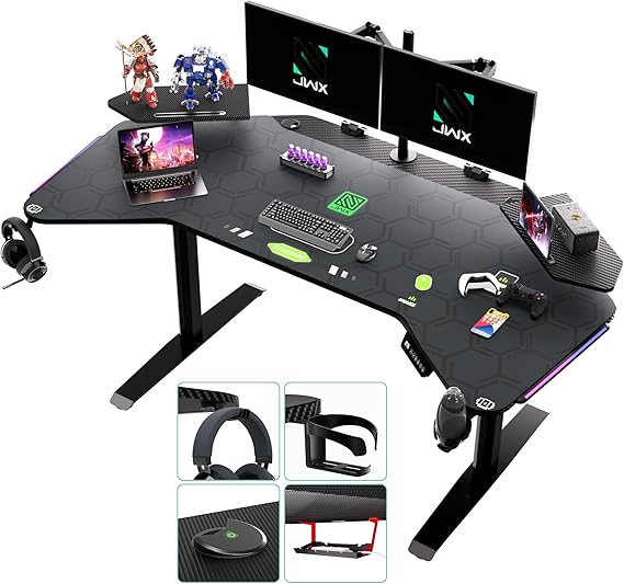 JWX Dual Motor Standing Gaming Desk with Aluminum Alloy Led Lights, 72'' Wing Shaped Large Gaming St