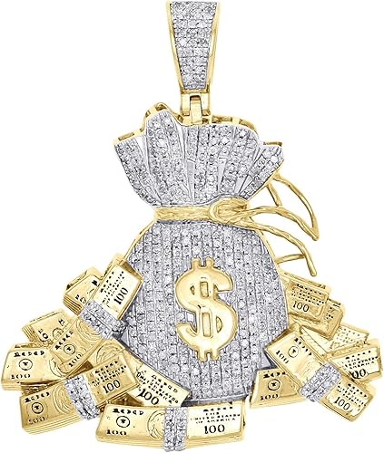 TGDJ 10K Yellow Gold Diamond Money Bag Pendant - 100 Dollar Stacks Pendant for Men - 1.85" Charm 0.9